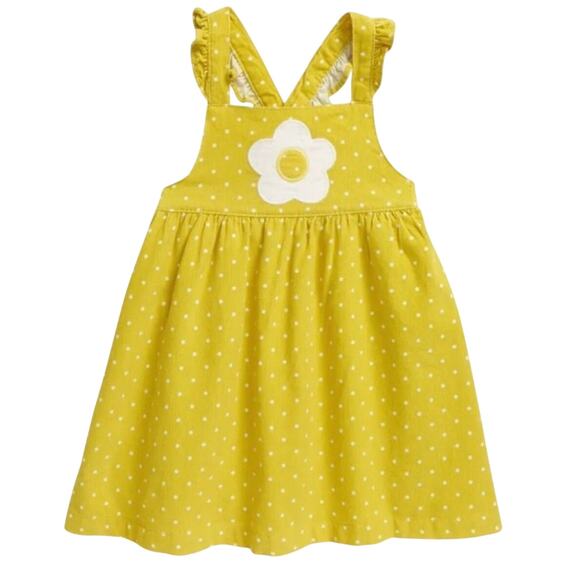 Baby Boden Girls Flower Yellow Corduroy Polka Dot Pinafore Dress Size 2-3Y
